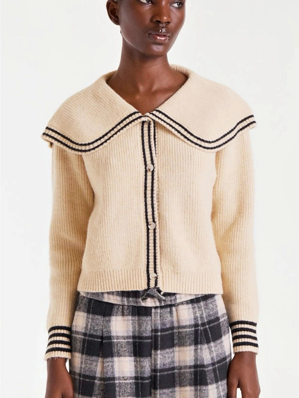 Compania Fantastica Contrast Trim Sailor Collar Cardigan Beige & Black Medium